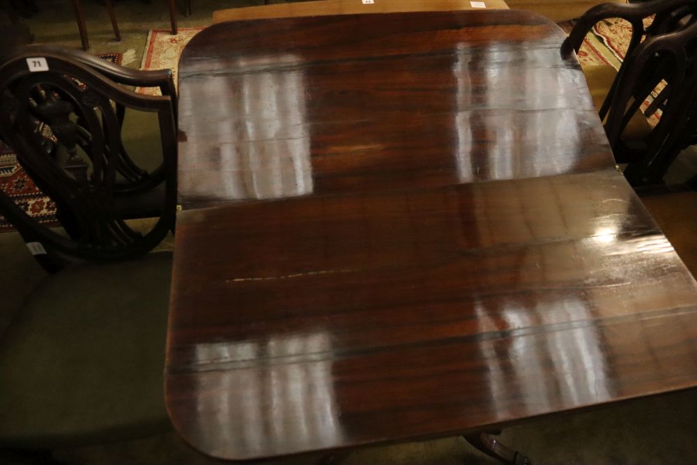A Regency brass inlaid rosewood tea table, width 92cm, depth 46cm, height 75cm